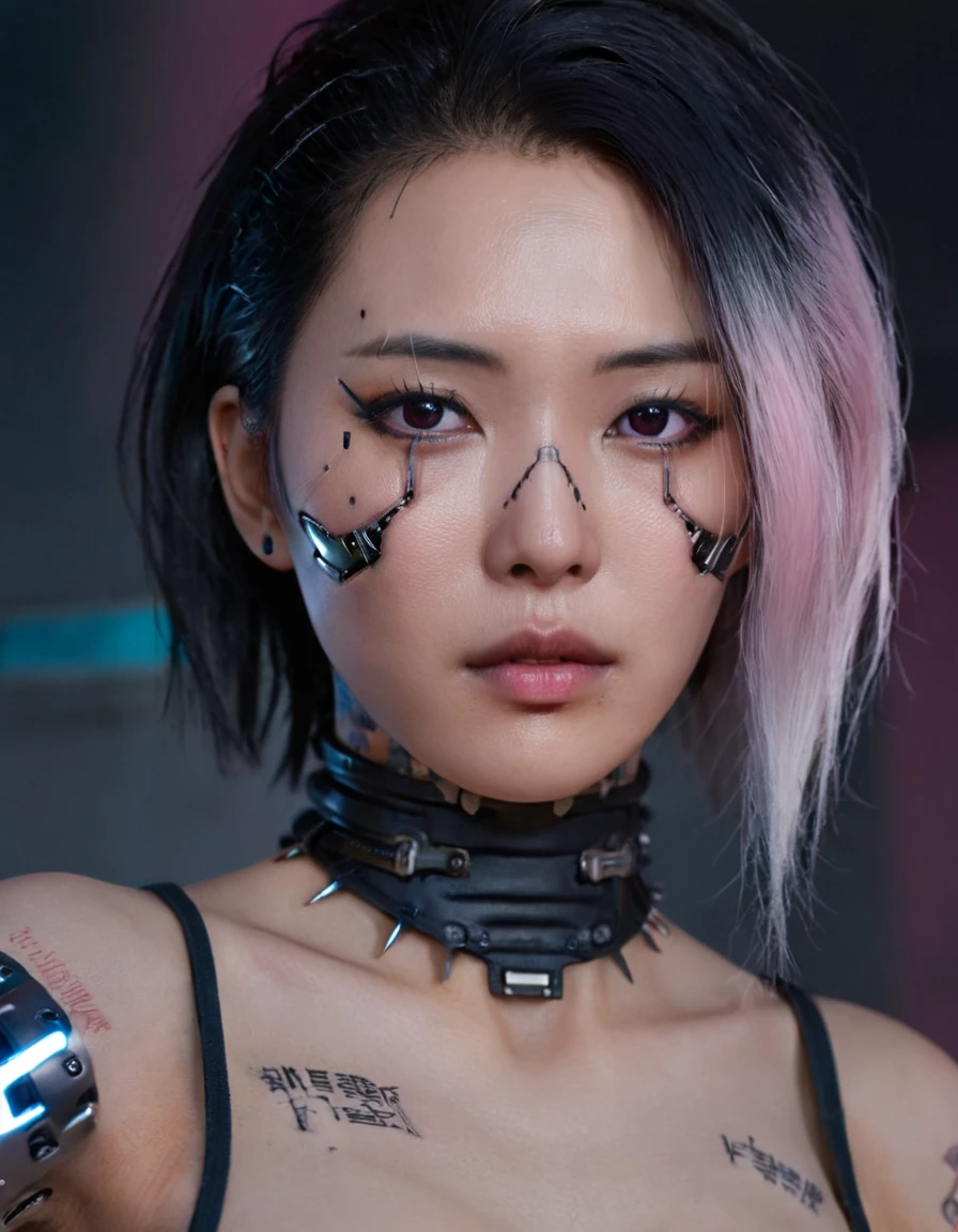 A stunning 4K photo-realistic image of a cyberpunk demi-human girl with an Asian face. Her visage is adorned with intricate machine implants, including a sleek silver visor that covers her eyes, revealing only a small slit for vision. These implants enable advanced sensory input and communication with her cybernetic systems.

Her skin is pale, with visible scars that tell a story of her past battles and a faint line where her flesh meets the cold metal of her implants. The seams are barely noticeable, indicating skilled integration between her organic and mechanical components.

Her hair is black, spiked up in an aggressive yet stylish manner. Small LED lights are integrated into the strands, flickering with various colors to match her mood. The hair is a statement piece, reflecting her rebellious spirit. The overall atmosphere of the image is captivating, photo, her body is embedded with mechanical implants under the skin, cyborg arms,  cyberware lines embedded in her face, , (Photorealsitic)、(intricate detailes:1.2)、(​masterpiece、:1.3)、beauty face, (top-quality:1.4)、(超A high resolution:1.2)、超A high resolution、(A detailed eye)、(detailed facial features), ((Realistic lighting、top-quality、8K、natural light, ​masterpiece:1.3))、bright photo, Clear focus:1.2、1girl in、flawless beauty:1.4、Superfine Face、big Narrow-eyed、double eyelid、photos realistic, perfect eyes, perfect skin, detailed skin, detailed face, looking viewer, front view, potrait, raw photo, simple soft pink background, (intricate detailed skin textured:1.4) front view, looking viewer, clear face, 1 girl、porate、Bright and very beautiful face、beautiful girl, A stunning close-up portrait showcasing the beauty of a Korean model. The composition features soft, natural lighting , bright eyes, and striking cheekbones.