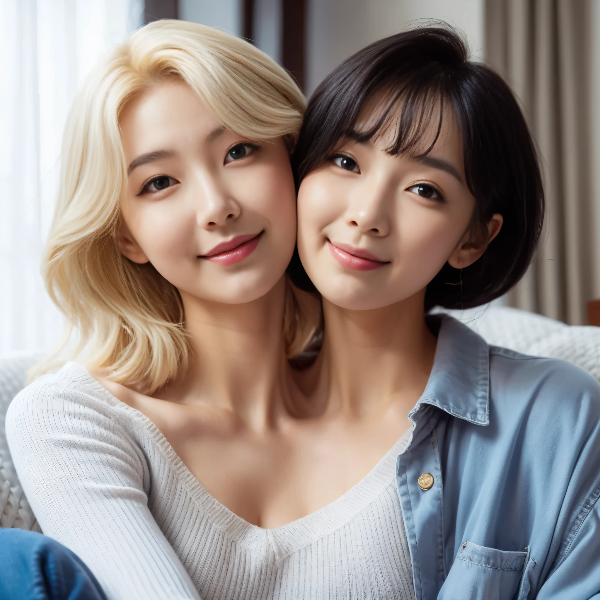 Best resolution, 2heads, young korean  woman with two heads, blonde, black hair, , different faces, sweater, denim jacket, living room background