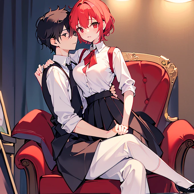 High quality　masterpiece　male and female couple　Fox girl sitting on a chair，Wearing a tight skirt，Covered with shirt。The boy hugs from behind。Wearing high school trousers uniform、Boy with short hair。Not wearing glasses、revenge, Hot Kids, Sexy babes, Good breasts, Hot boy with red eyes,nsfw,