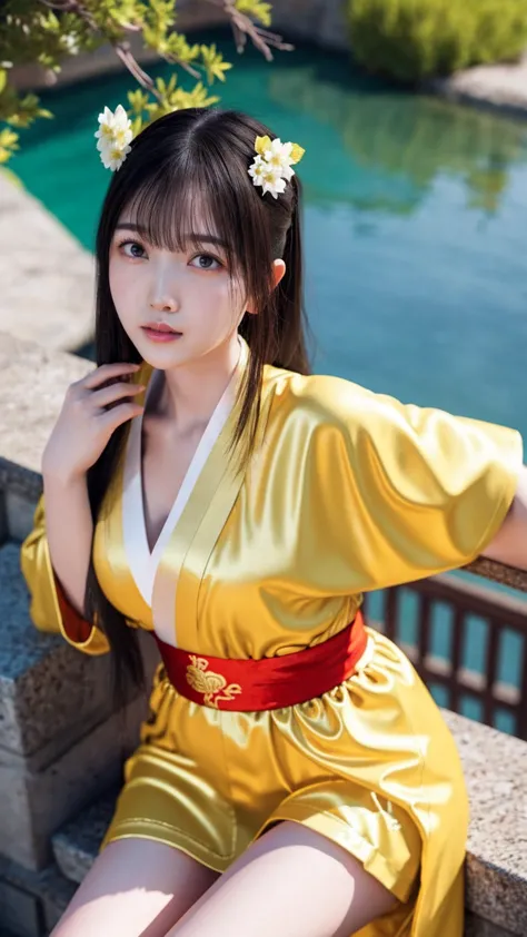 araffe woman in a sexy yellow kimono sitting on a ledge, palace ， a girl in sexy hanfu, realistic anime 3 d style, artwork in th...