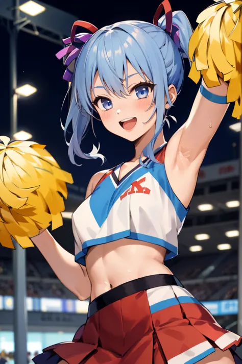 1girl, solo, detailed face,suiseibase, side ponytail,(((cheerleader costume))),crop top,miniskirt,armpit,happy smile