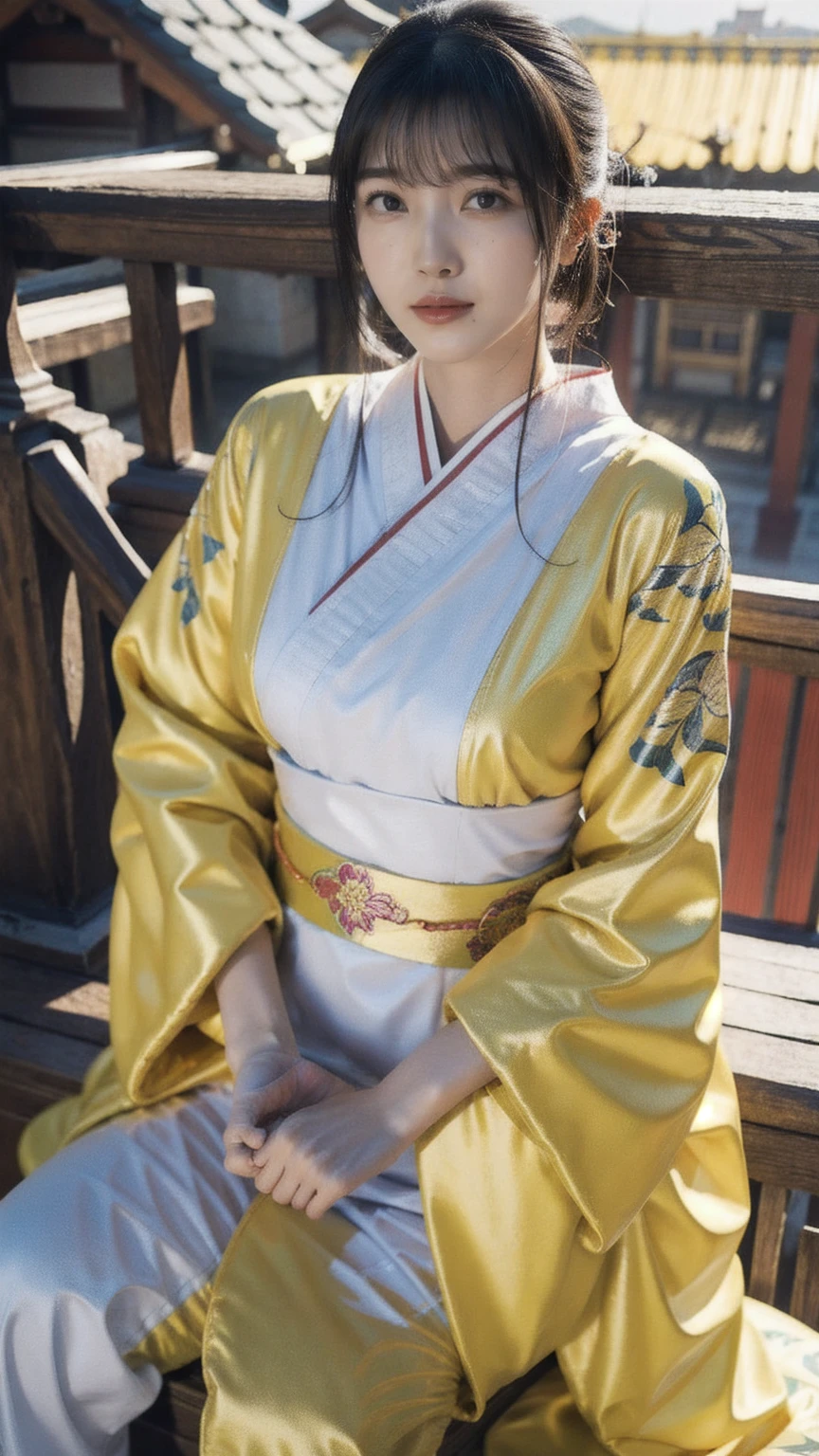 araffe woman in a sexy yellow kimono sitting on a ledge, palace ， a girl in sexy hanfu, realistic anime 3 d style, artwork in the style of guweiz, beautiful character painting, 3 d anime realistic, trending on cgstation, anime styled 3d, wearing ancient sexy chinese clothes, chinese girl, artgerm and atey ghailan, big breasts, perfect body 