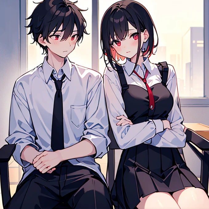 High quality　masterpiece　male and female couple　Girl sitting on a chair，Wearing a tight skirt，Covered with shirt。The boy hugs from behind。Wearing high school trousers uniform、Boy with short hair。Not wearing glasses、revenge, Hot Kids, Sexy babes, Good breasts, Hot boy with red eyes,nsfw,