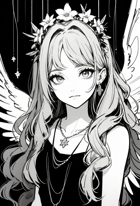 aphrodite, black and white only no color, outline only, cowboyshot, wearing a dress and have a flower crown, long wavy hair, cur...