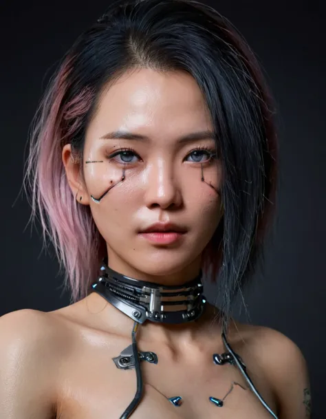 a stunning 4k photo-realistic image of a cyberpunk demi-human girl with an asian face. her visage is adorned with intricate mach...