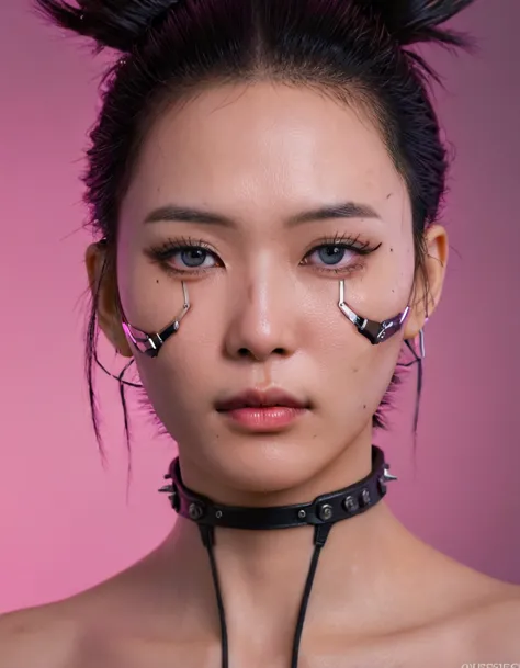 a stunning 4k photo-realistic image of a cyberpunk demi-human girl with an asian face. her visage is adorned with intricate mach...