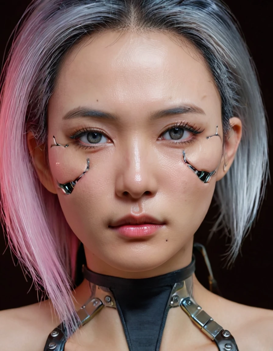 A stunning 4K photo-realistic image of a cyberpunk demi-human girl with an Asian face. Her visage is adorned with intricate machine implants, including a sleek silver visor that covers her eyes, revealing only a small slit for vision. These implants enable advanced sensory input and communication with her cybernetic systems.

Her skin is pale, with visible scars that tell a story of her past battles and a faint line where her flesh meets the cold metal of her implants. The seams are barely noticeable, indicating skilled integration between her organic and mechanical components.

Her hair is black, spiked up in an aggressive yet stylish manner. Small LED lights are integrated into the strands, flickering with various colors to match her mood. The hair is a statement piece, reflecting her rebellious spirit. The overall atmosphere of the image is captivating, photo, her body is embedded with mechanical implants under the skin, cyborg arms,  cyberware lines embedded in her face, , (Photorealsitic)、(intricate detailes:1.2)、(​masterpiece、:1.3)、beauty face, (top-quality:1.4)、(超A high resolution:1.2)、超A high resolution、(A detailed eye)、(detailed facial features), ((Realistic lighting、top-quality、8K、natural light, ​masterpiece:1.3))、bright photo, Clear focus:1.2、1girl in、flawless beauty:1.4、Superfine Face、big Narrow-eyed、double eyelid、photos realistic, perfect eyes, perfect skin, detailed skin, detailed face, looking viewer, front view, potrait, raw photo, simple soft pink background, (intricate detailed skin textured:1.4) front view, looking viewer, clear face, 1 girl、porate、Bright and very beautiful face、beautiful girl, A stunning close-up portrait showcasing the beauty of a Korean model. The composition features soft, natural lighting , bright eyes, and striking cheekbones.