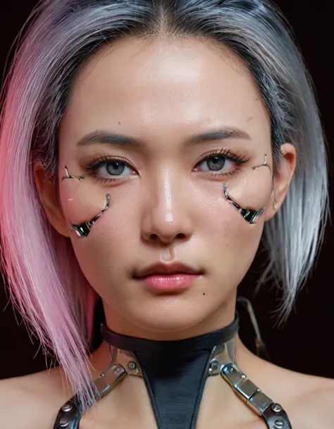 a stunning 4k photo-realistic image of a cyberpunk demi-human girl with an asian face. her visage is adorned with intricate mach...