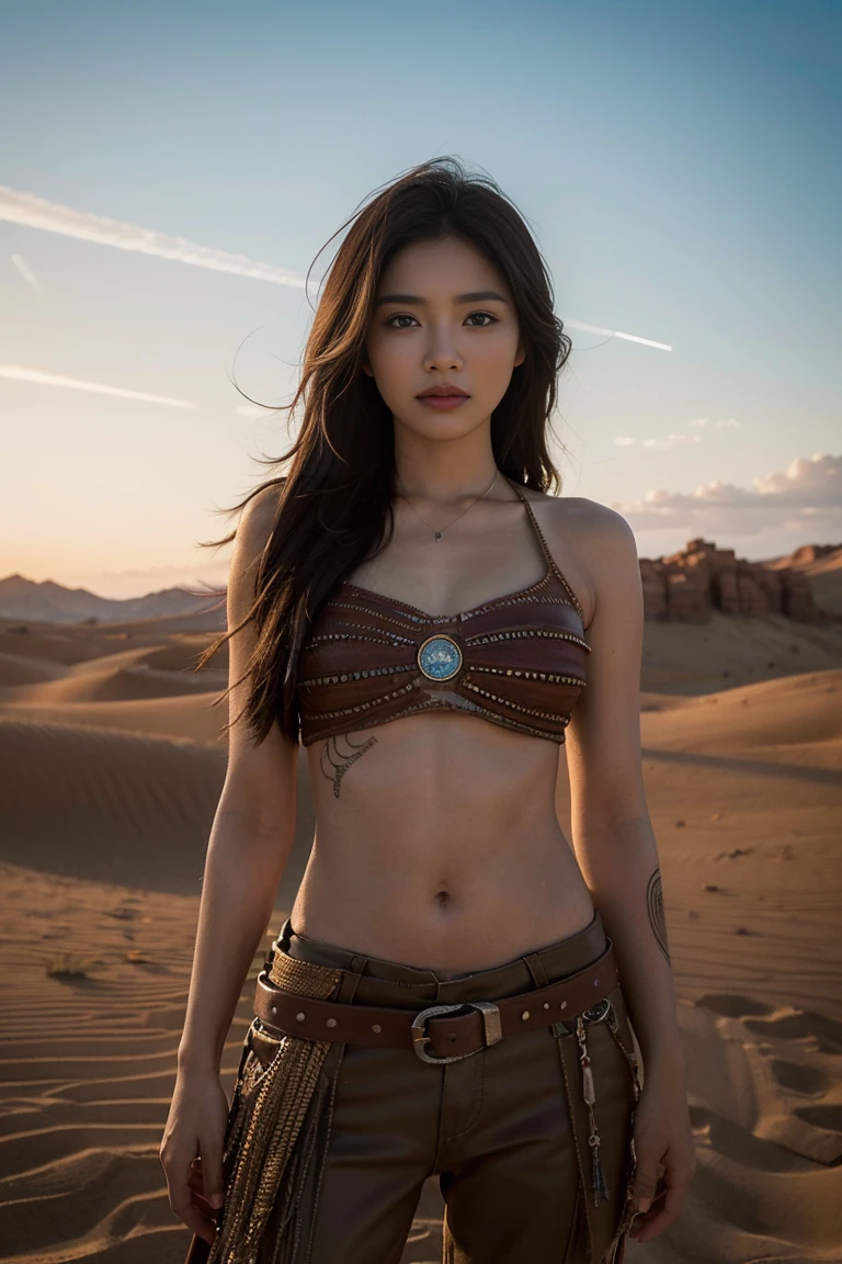 “(Best Quality,4k,High resolution,masterpiece:1.2),ultra detailed,(realist,photorealist,photo-realist:1.37),Portraits,desert, rifle, detailed skin texture, tattoos, dramatic lighting, vibrant colors, arena dunes, intense look, long loose hair, aged wooden stock, intricate engravings, bullet shell, dynamic pose, strong facial features, PENETRATING EYES, desert sunset, Rugged terrain, smoke trails, powerful posture, hard shadows, dust particles, intricate jewelry, tribal patterns