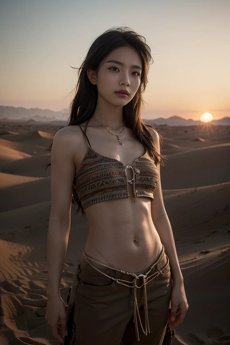 “(Best Quality,4k,High resolution,masterpiece:1.2),ultra detailed,(realist,photorealist,photo-realist:1.37),Portraits,desert, rifle, detailed skin texture, tattoos, dramatic lighting, vibrant colors, arena dunes, intense look, long loose hair, aged wooden stock, intricate engravings, bullet shell, dynamic pose, strong facial features, PENETRATING EYES, desert sunset, Rugged terrain, smoke trails, powerful posture, hard shadows, dust particles, intricate jewelry, tribal patterns