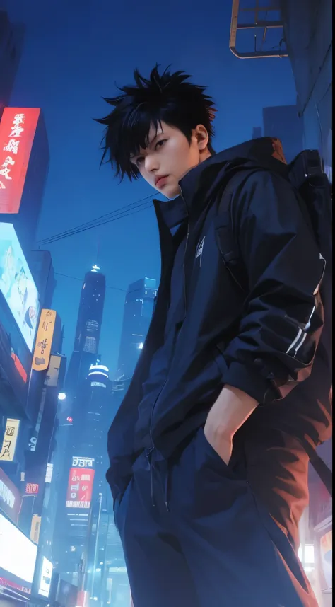 megumi fushiguro,  jujutsu kaisen, black hair, black jacket, sneaker shoes, modern city background, detailed face, detailed eyes...