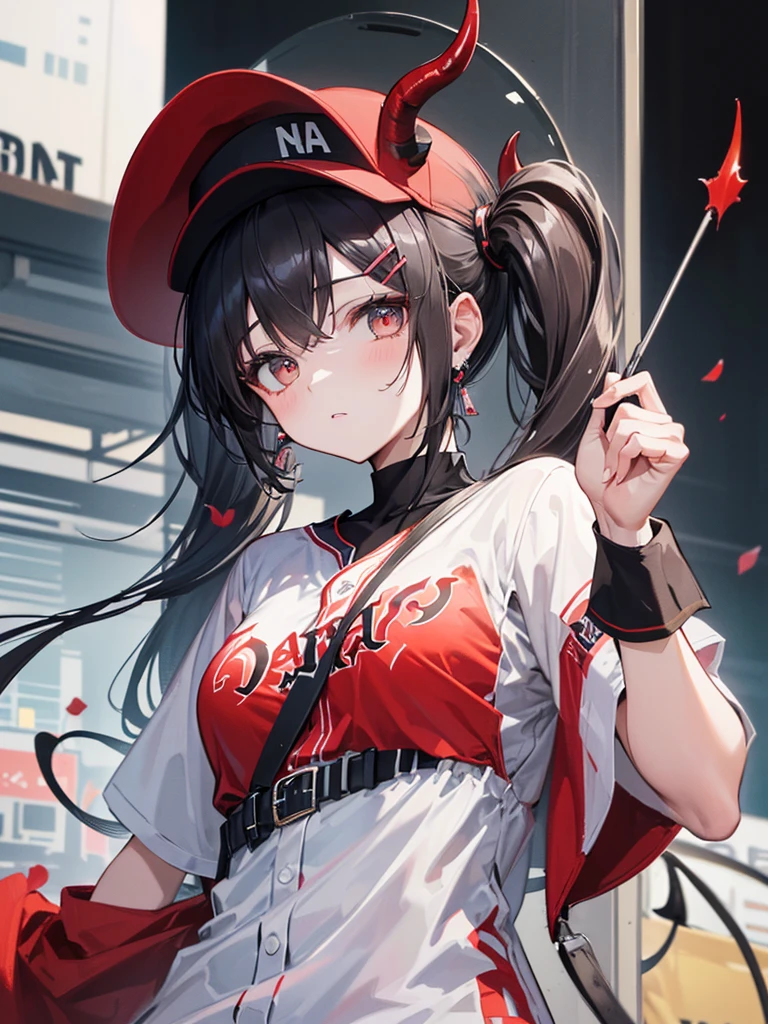 (Ultra-high resolution,masterpiece, Attention to detail, Highest quality), 8k,(Atwa, Long Hair, Twin tails, Black Hat, Baseball cap, False horns, Hair Clip, Earrings, Devil&#39;s Tail, Black choker, Off the shoulder, Cropped jacket, White jacket, Long sleeve, abdomen, belt, Black shorts, Short shorts, Single knee socks, Fishnet tights),(Blessed,Captivating body、Ultra-detailed skin、Very beautiful eyes、Detailed Background),One Girl、 (Hilarious ,enjoy :1.5),aatowa, long hair, twintails, black headwear, baseball cap, fake horns, hairclip, piercing, demon tail, black choker, off shoulder, cropped jacket, white jacket, long sleeves, midriff, belt, black shorts, short shorts, single thighhigh, fishnets