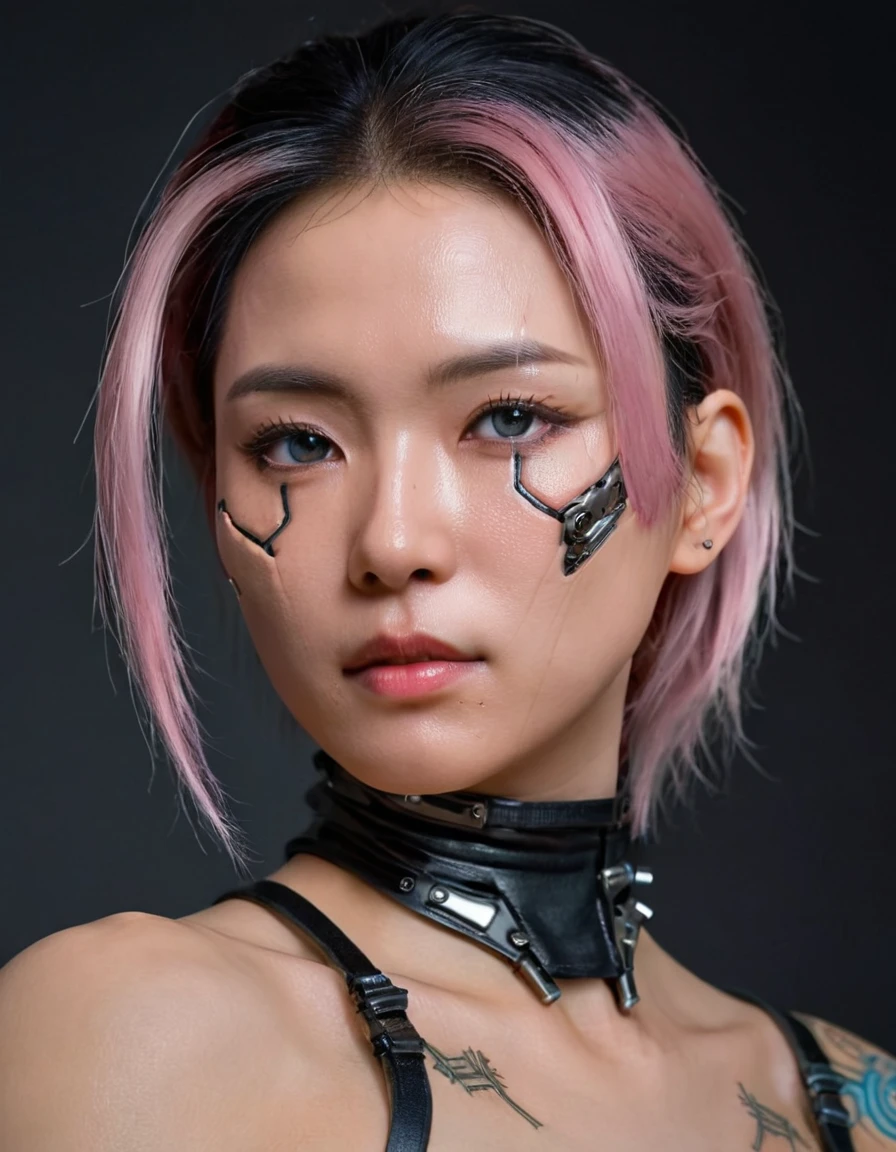 A stunning 4K photo-realistic image of a cyberpunk ninja shinobi demi-human girl with an japan face. cyborg arms, cyberware bodysuit, Her visage is adorned with intricate machine implants, These implants enable advanced sensory input and communication with her cybernetic systems. Her skin is pale, with visible scars that tell a story of her past battles and a faint line where her flesh meets the cold metal of her implants. The seams are barely noticeable, indicating skilled integration between her organic and mechanical components. Her hair is black, spiked up in an aggressive yet stylish manner. Small LED lights are integrated into the strands, flickering with various colors to match her mood. The hair is a statement piece, reflecting her rebellious spirit. The overall atmosphere of the image is captivating, photo, her body is embedded with mechanical implants under the skin, cyborg arms,  cyberware lines embedded in her face, , (Photorealsitic)、(intricate detailes:1.2)、(​masterpiece、:1.3)、beauty face, (top-quality:1.4)、(超A high resolution:1.2)、超A high resolution、(A detailed eye)、(detailed facial features), ((Realistic lighting、top-quality、8K、natural light, ​masterpiece:1.3))、bright photo, Clear focus:1.2、1girl in、flawless beauty:1.4、Superfine Face、big Narrow-eyed、double eyelid、photos realistic, perfect eyes, perfect skin, detailed skin, detailed face, looking viewer, front view, potrait, raw photo, simple soft pink background, (intricate detailed skin textured:1.4) front view, looking viewer, clear face, 1 girl、porate、Bright and very beautiful face、beautiful girl, A stunning close-up portrait showcasing the beauty of a Korean model. The composition features soft, natural lighting , bright eyes, and striking cheekbones.