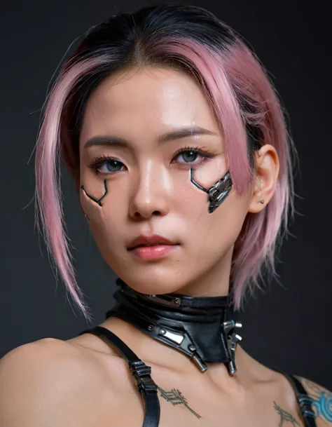 A stunning 4K photo-realistic image of a cyberpunk ninja shinobi demi-human girl with an japan face. cyborg arms, cyberware body...