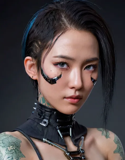 a stunning 4k photo-realistic image of a cyberpunk ninja shinobi demi-human girl with an japan face. cyborg arms, cyberware body...