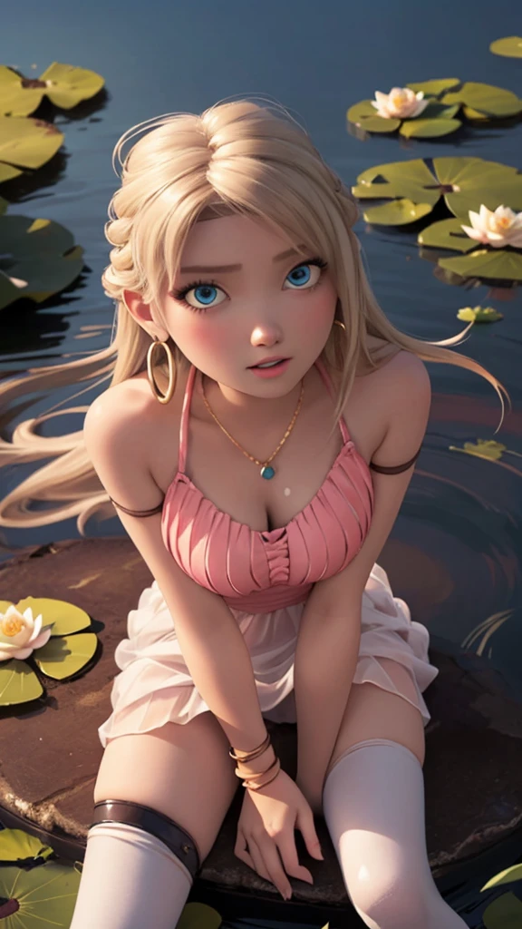 (ultra realistic,32k, masterpiece:1.2),(high detailed skin:1.1),( high quality:1.1), 
Astrid, very long wavy hair, 40 inches of hair, long bangs, elegant fringe, blue eyes, slim face, egirl makeup, very strong makeup, plump asian lips, Orgasm face, sex joy, sexy supermodel body, tall girl, slim fit figure, astral diamond necklace, transparent dress, tight top, white dress, sleeveless, bare shoulders, black details on dress, thigh transparent highs, futuristic black boots, hoop earrings, Romantic photo, sitting on lilly pad, white lotus flower field, flying anime particles, realistic maledives' water, small waves, outside, floating pink flowers, night, warm lights, perfect realistic shading, intensive chromatic effect, rays of the sun, detailed background,,(looking at viewer, sitting, from above:1.1),, (hard breast,round breast,:0.9),(volumetric lighting:1.1),