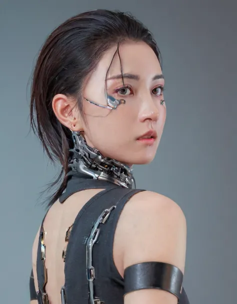 a stunning 4k photo-realistic image of a cyberpunk ninja shinobi demi-human girl with an japan face. cyborg arms, cyberware body...