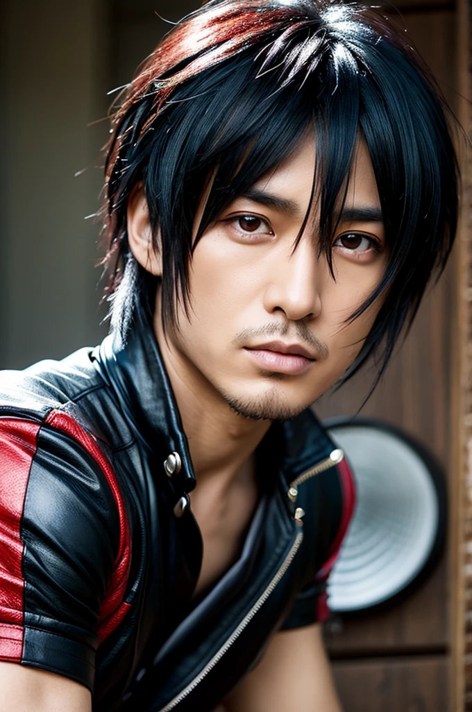 1 Japanese rocker, male, Asian eyes, Visual kei hairstyle, pretty face, hyperrealistic, realistic representation, ultra detailed face and eyes, muscular, broad shoulders, rocker clothing, 40 years, black hair