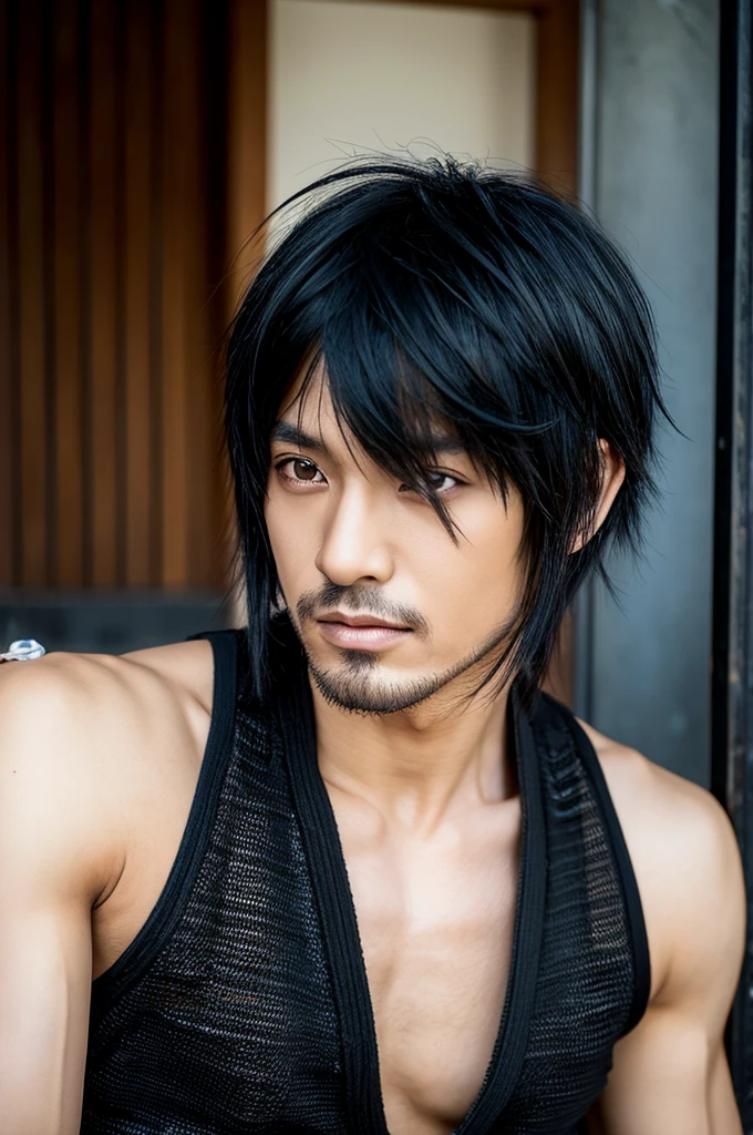 1 Japanese rocker, male, Asian eyes, Visual kei hairstyle, pretty face, hyperrealistic, realistic representation, ultra detailed face and eyes, muscular, broad shoulders, rocker clothing, 40 years, black hair