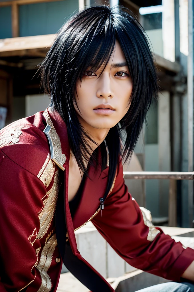 1 Japanese rocker, male, Asian eyes, Visual kei hairstyle, pretty face, hyperrealistic, realistic representation, ultra detailed face and eyes, muscular, broad shoulders, rocker clothing, 40 years, black hair