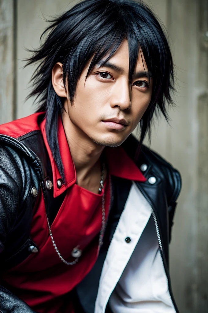 1 Japanese rocker, male, Asian eyes, Visual kei hairstyle, pretty face, hyperrealistic, realistic representation, ultra detailed face and eyes, muscular, broad shoulders, rocker clothing, 40 years, black hair