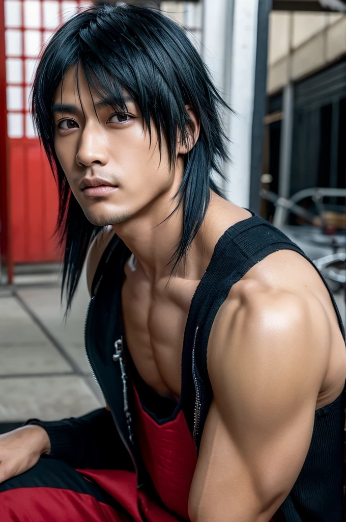 1 roqueiro japonês, macho, Olhos asiáticos, Penteado Visual Kei, cara bonita, hiperrealista, representação realista, Rosto e olhos ultra detalhados, muscular, Ombros largos, roupas de roqueiro, 40 anos, Cabelo preto