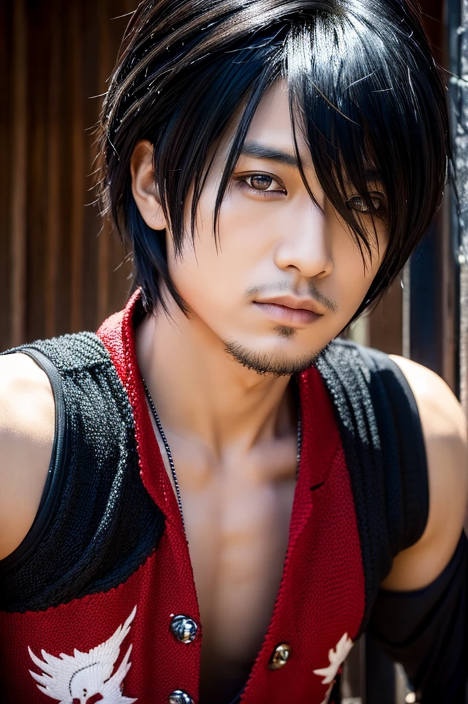 1 Japanese rocker, male, Asian eyes, Visual kei hairstyle, pretty face, hyperrealistic, realistic representation, ultra detailed face and eyes, muscular, broad shoulders, rocker clothing, 40 years, black hair