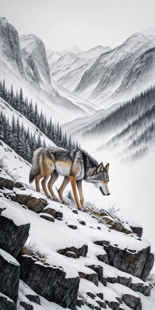 Wolves raising their young in the mountains, beautiful scenery, calm expression, summer mountain, golden eyes, top quality, realistic, dignified々Strong, strong, white and gray, ink painting, sketch, photo, great work, detailed, ingenious, landscape painting