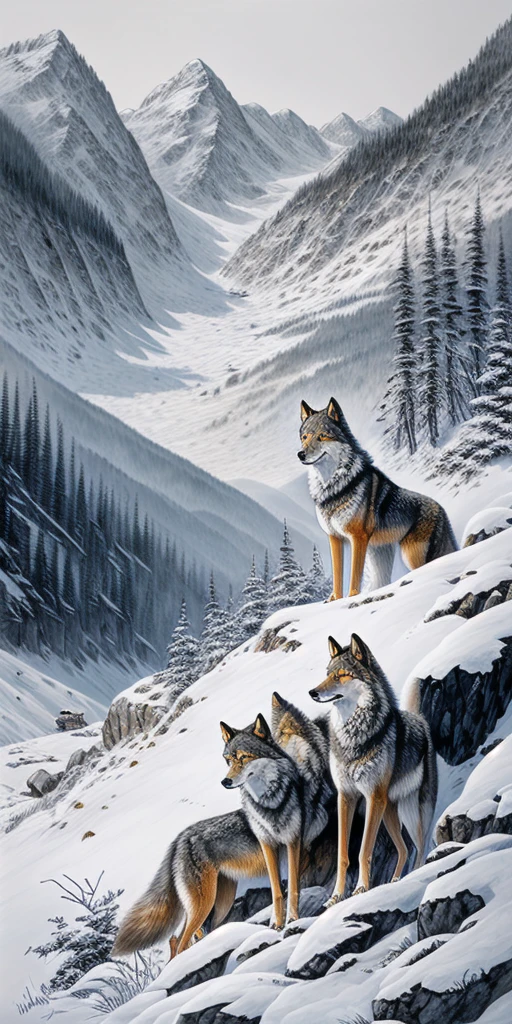 Wolves raising their young in the mountains, beautiful scenery, calm expression, summer mountain, golden eyes, top quality, realistic, dignified々Strong, strong, white and gray, ink painting, sketch, photo, great work, detailed, ingenious, landscape painting