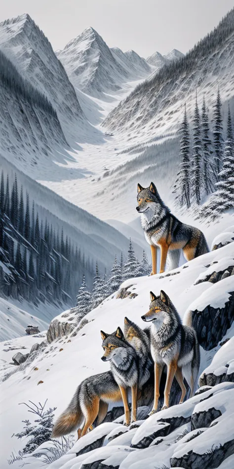 wolves raising their young in the mountains, beautiful scenery, calm expression, summer mountain, golden eyes, top quality, real...