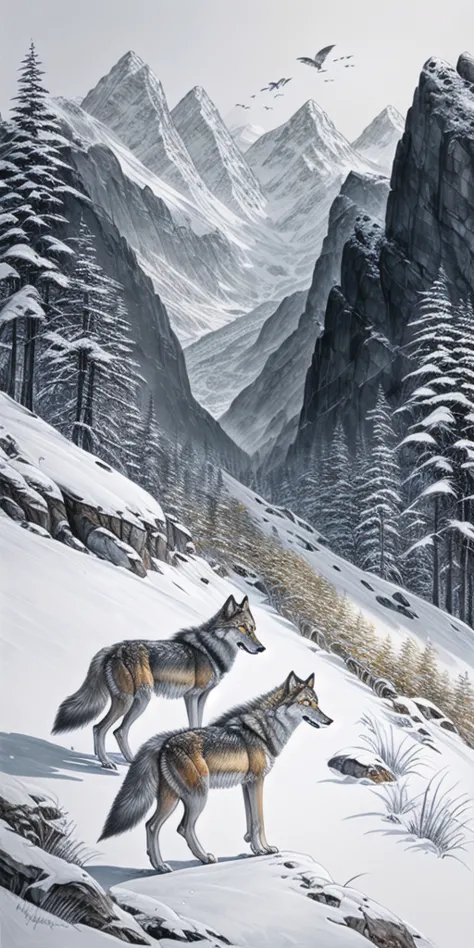 wolves raising their young in the mountains, beautiful scenery, calm expression, summer mountain, golden eyes, top quality, real...