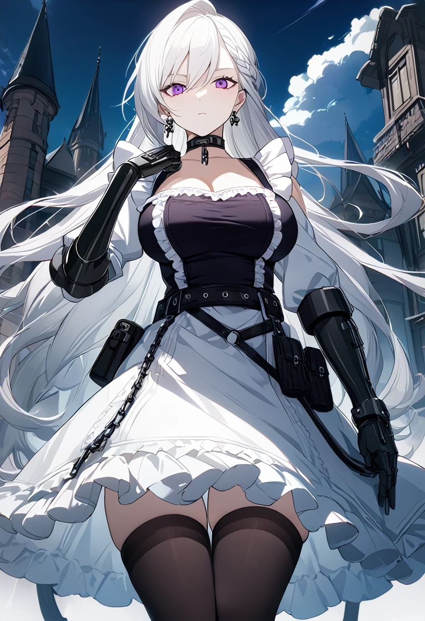 sovetsky_Soyuz, magenta eyes, long hair, earrings, choker, webbed belt, tactical, pouches, chain, black maid outfit, frills, apron, weapon Holster, webbed belt, tactical, pouches, frilled skirt, metal gloves, black thigh highs, large breasts, first rate breasts, Long eyelashes, eye shadow, long white hair, ominous vibe, expressionless, stoic, manor background, shadowy, Ultra quality, UHD, high detail, anime aesthetic, Anime screenshot, Ultra quality, UHD, high detail