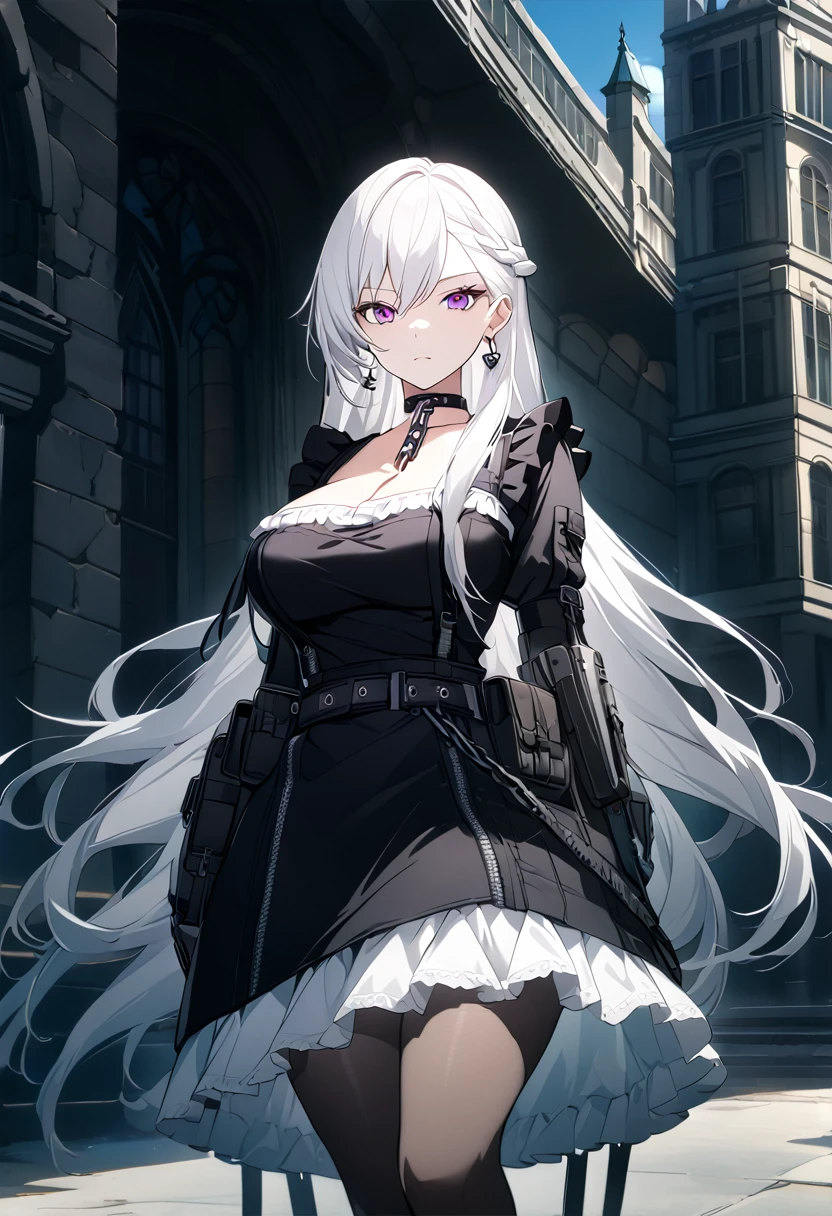 sovetsky_Soyuz, magenta eyes, long hair, earrings, choker, webbed belt, tactical, pouches, chain, black maid outfit, frills, apron, weapon Holster, webbed belt, tactical, pouches, frilled skirt, metal gloves, black thigh highs, large breasts, first rate breasts, Long eyelashes, eye shadow, long white hair, ominous vibe, expressionless, stoic, manor background, shadowy, Ultra quality, UHD, high detail, anime aesthetic, Anime screenshot, Ultra quality, UHD, high detail