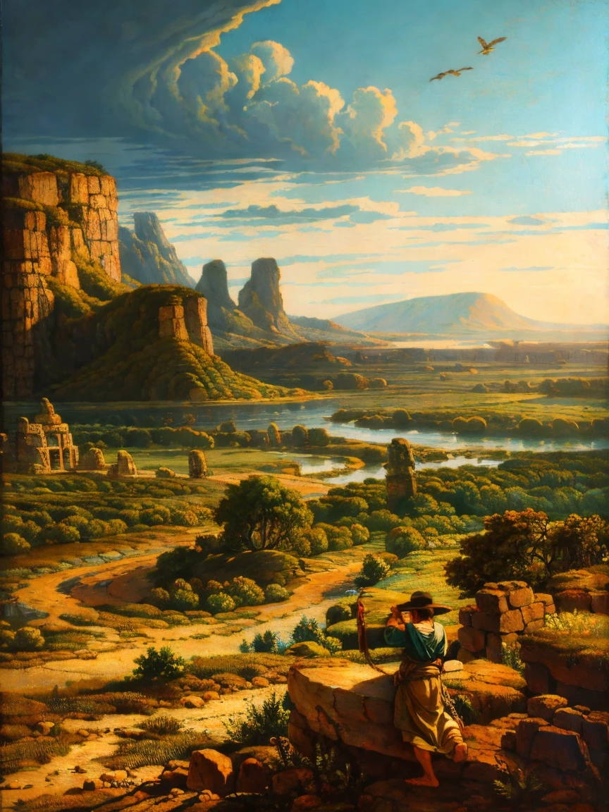 In this evocative painting, Cain is depicted in a moment of intense focus as he builds the first city. The scene is set against a rugged, ancient landscape, with a distant view of the primordial wilderness. Cain, portrayed as a determined figure with a rugged demeanor, is shown working with primitive tools and materials. The city he is constructing is in its early stages, with rudimentary structures taking shape amidst a backdrop of stone and earth. The painting captures the contrast between Cain’s labor and the wild, untamed nature around him. The mood is both contemplative and ambitious, highlighting the tension between human endeavor and the raw, untamed world. The color palette features earthy tones and subtle highlights, emphasizing the stark environment and the nascent civilization emerging from it.