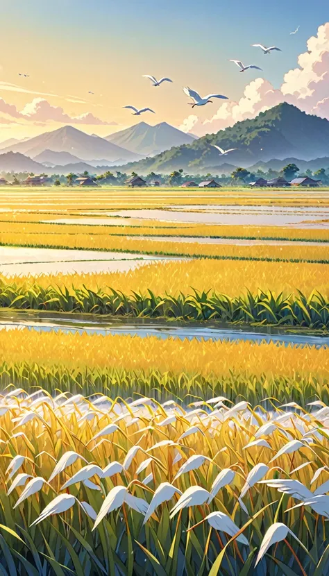 there is a poster，distant mountains，a cluster of ripe rice，egrets flying in the distance