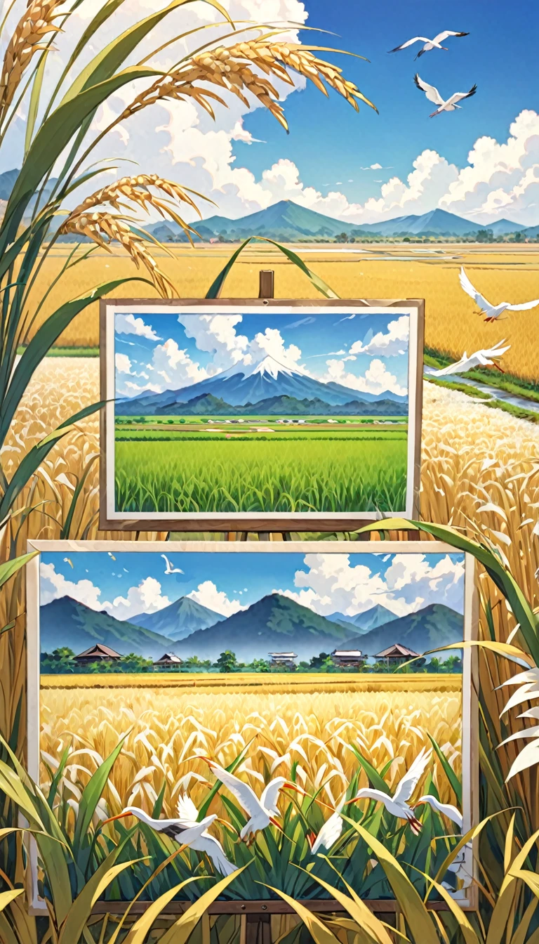 There is a poster，Distant Mountains，A cluster of ripe rice，Egrets flying in the distance