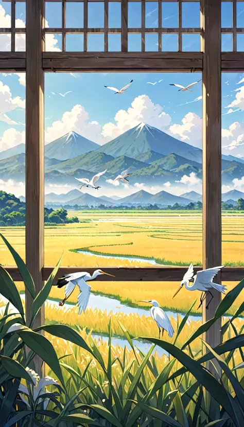 there is a poster，distant mountains，a small amount of rice is ripe，egrets flying in the distance