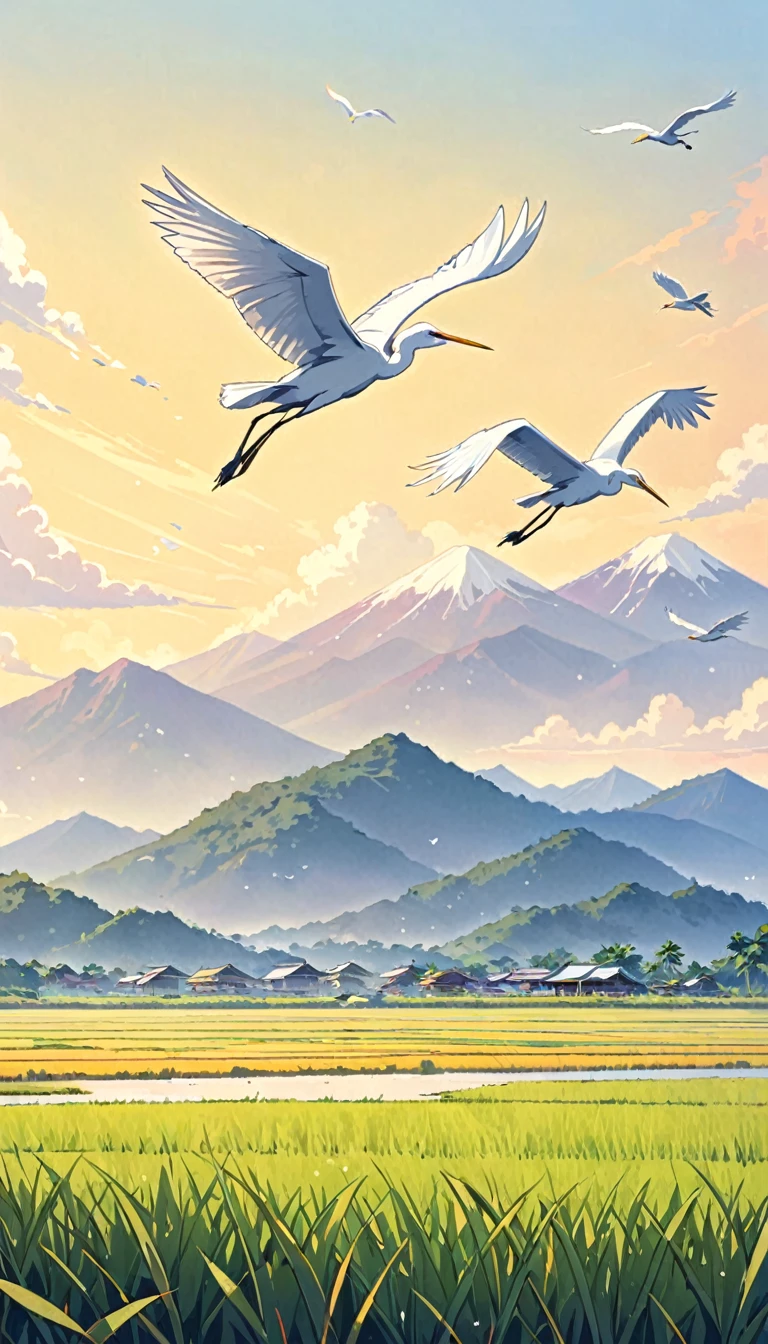 There is a poster，Distant Mountains，A small amount of rice is ripe，Egrets flying in the distance