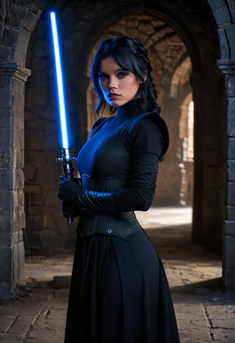 a beautiful picture of w3dn3sday in black basque, holding a lightsaber masterpiece, photorealistic, woman, castle interior backg...