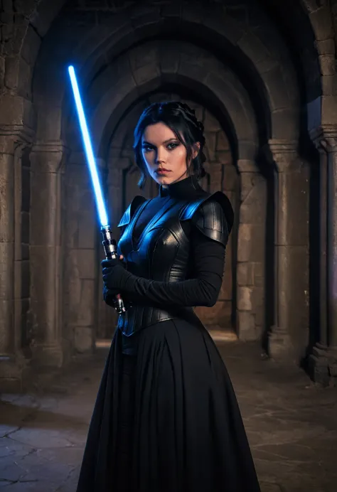 a beautiful picture of w3dn3sday in black basque, holding a lightsaber masterpiece, photorealistic, woman, castle interior backg...