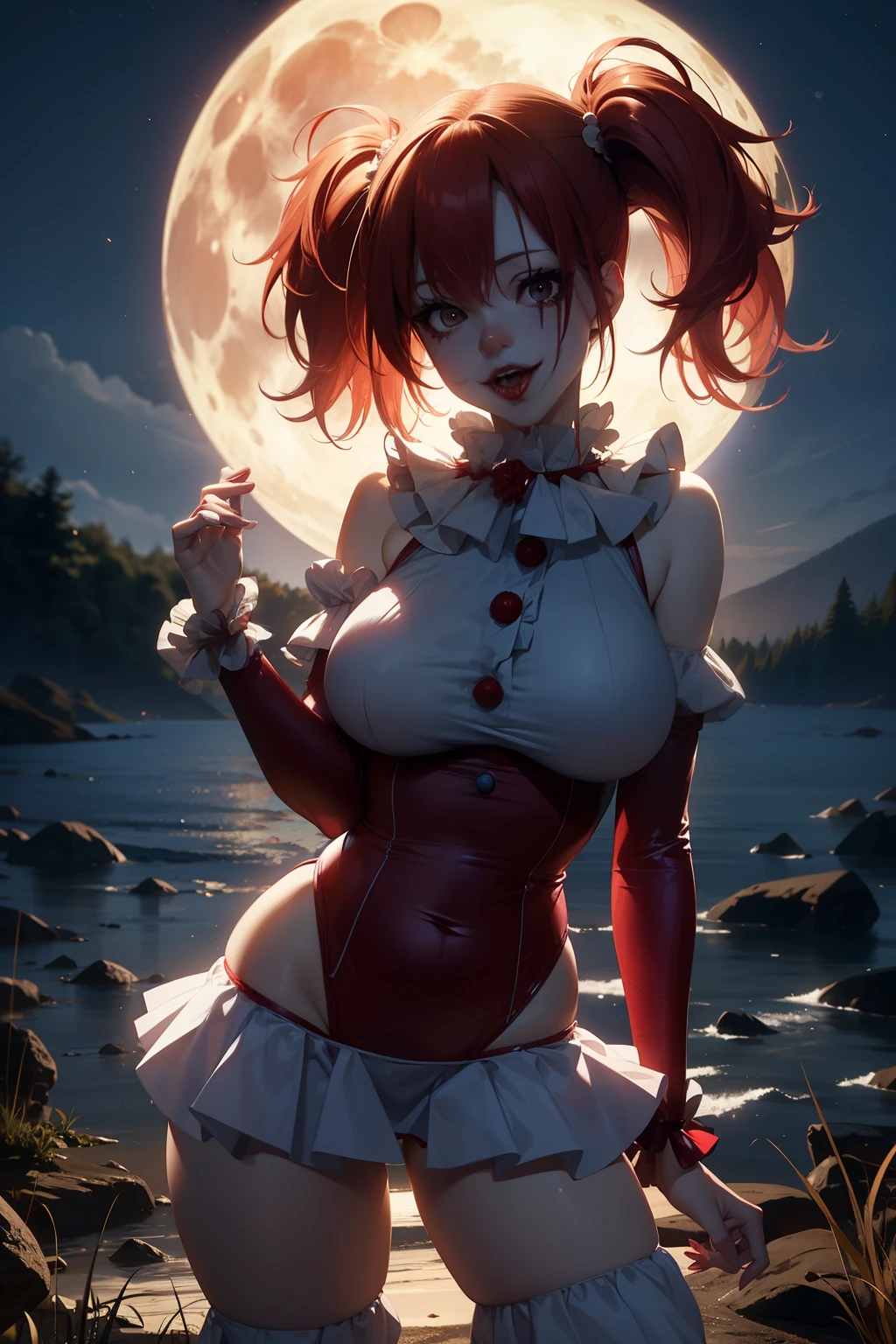 Ultra realistic, , teen female  , red hair twintails frinje, clown , beautiful face , provocation, big  breasts ,voluptuous   ,pennywise costume white , sexy , tight mini-skirt, sexy . Night  , background moon. Menacing 