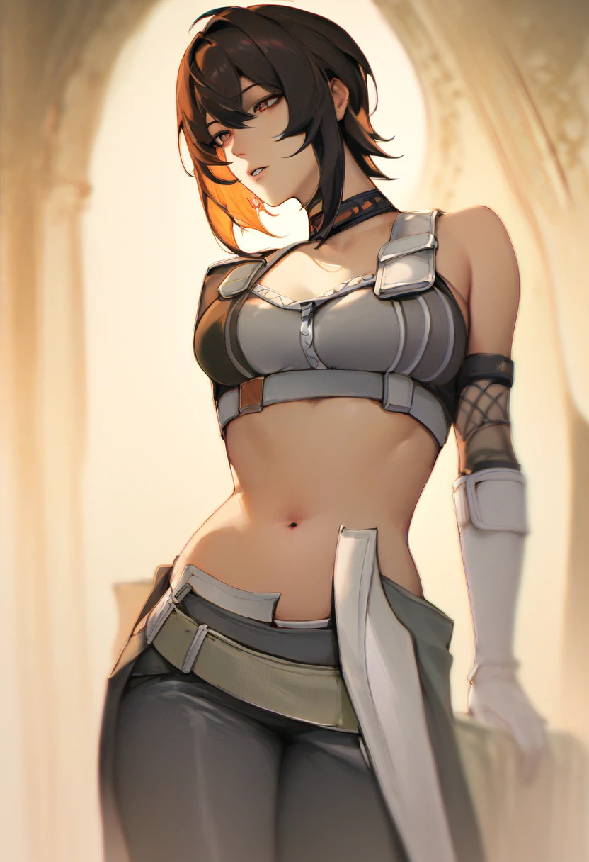 score_9, score_8, score_8_up, gracehd-ponyxl, 1girl, bare shoulders, black choker, black gloves, white gloves, black pants, black t-short, elbow gloves, looking at viewer, medium breasts, midriff, navel, parted lips, white gloves, zipper, belt