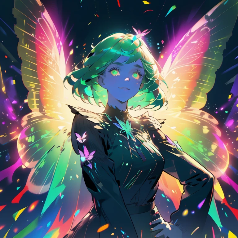 a beautiful woman with colorful butterfly wings, Vibrant green hair, detailed face,detailed green eyes,detailed lips,intricate butterfly wings,detailed wing patterns,detailed clothing,colorful butterfly wings,cinematic lighting,dramatic lighting,golden light particle, best detailed,photorealistic,hyper detailed,8k,masterpiece,ultra detailed, best shadow, cinematic composition,vibrant colors, portrait, action pose, posed, tilted, fantastic, dynamic angle,