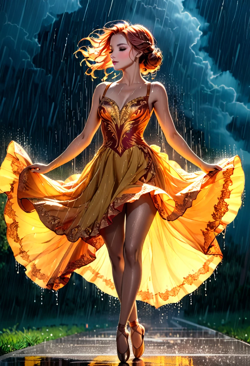 um retrato da primeira bailarina do balé clássico feminino dançando na chuva, uma foto de corpo inteiro ((Anatomicamente correto: 1.5)) de uma linda dançarina requintada usando um vestido de noite de seda, vestido intrincado cor de cabelo dinâmica, estilo de cabelo dinâmico, tez de pele dinâmica, Usando sapatilhas de balé, usando meias altas, ((ela está parada no meio da tempestade: 1.5)),  ela está molhada, ainda gosta de dançar na chuva, Noite nublada, tempestade elétrica, fundo dinâmico, vibrante, Resolução ultra-alta, Alto contraste, (obra de arte:1.5), mais alta qualidade, melhor estética), melhores detalhes, melhor qualidade, alta resolução, 16k, (ultra detalhado: 1.5), obra de arte, melhor qualidade, (extremamente detalhado) CRU, (ultra detalhes, obra de arte, melhor qualidade), Filme cinematográfico de Hollywood, artxldnc, Vestido Fênix, 