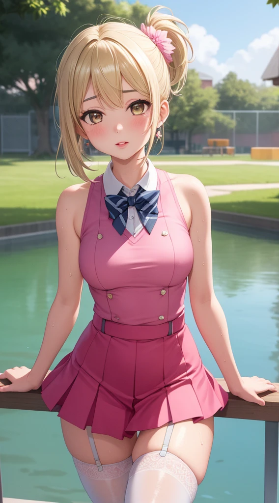 masterpiece, Best Quality, Very detailed, ultra high resolution, idol catalyst, 1 girl, Alone, hazel eyes, hair ornament, ash blonde short hair, side ponytail, bright lips, animator, pink thigh high stockings, looking at the viewer, School field, medium breasts, sleeveless, Session, Water bottle