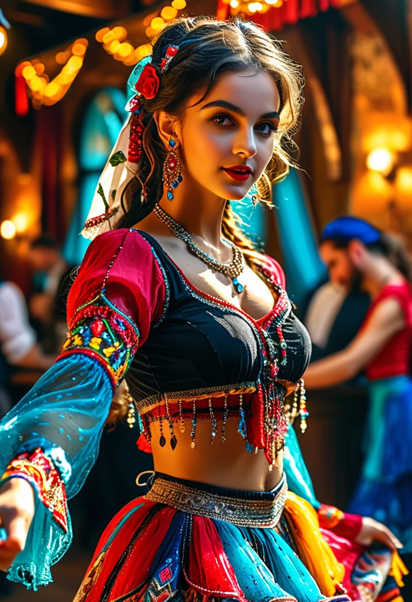 (Meilleure qualité，8k，haute résolution，chef-d&#39;œuvre:1.2)，ultra détaillé，1 fille，Superbe jeune danseuse，danseuse gitane，Danse incroyable，Magnifique costume de danse，bijoux，Accessoires，Corps mince，danse sexy，Bar de campagne français，scène animée，ambiance joyeuse，l&#39;artiste&#39;les œuvres，Peinture，A chef-d&#39;œuvre，couleurs vives，Rendu physique，concentration claire，Ultra HD