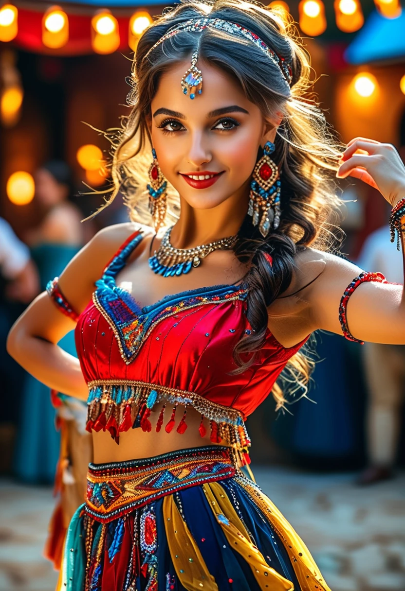 (Meilleure qualité，8k，haute résolution，chef-d&#39;œuvre:1.2)，ultra détaillé，1 fille，Superbe jeune danseuse，danseuse gitane，Danse incroyable，Magnifique costume de danse，bijoux，Accessoires，Corps mince，danse sexy，Bar de campagne français，scène animée，ambiance joyeuse，l&#39;artiste&#39;les œuvres，Peinture，A chef-d&#39;œuvre，couleurs vives，Rendu physique，concentration claire，Ultra HD