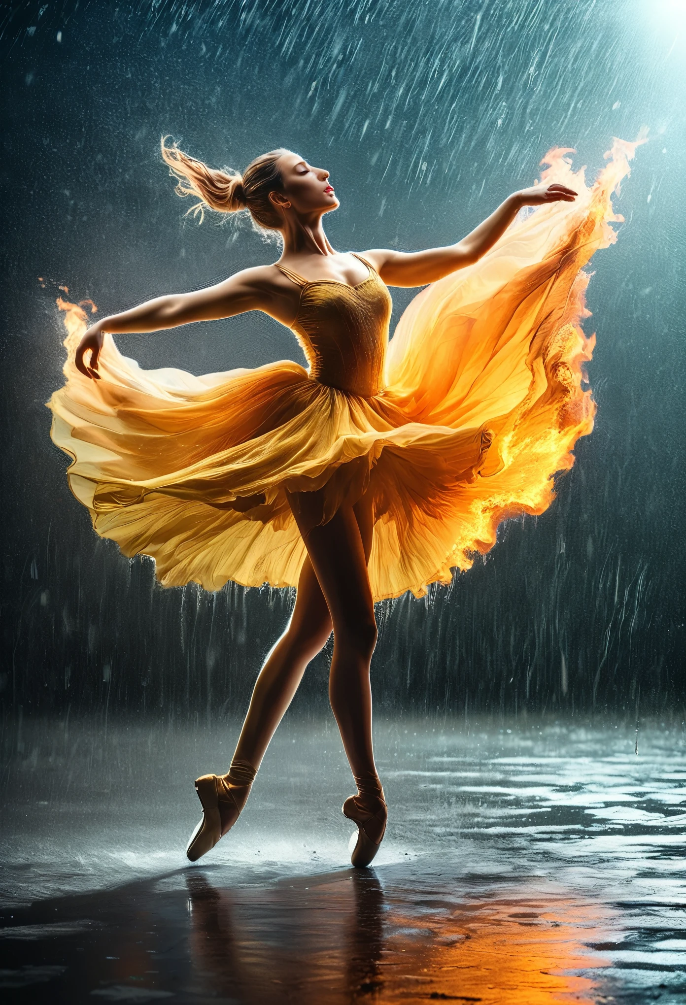 a portrait of female classical ballet prima ballerina dancing in the rain, a full body picture ((anatomically correct: 1.5)) of a exquisite beautiful female dancer wearing silk evening dress, intricate dress, (dress is on fire: 1.3), dynamic hair color, dynamic hair style, dynamic skin complexion, wearing ballet shoes, wearing thigh highs, ((she is standing in the middle of the rain storm: 1.5)),  she is wet, yet enjoys the dance in the rain, cloudy night, lightning storm, dynamic background, vibrant, Ultra-high resolution, High Contrast, (masterpiece:1.5), highest quality, Best aesthetics), best details, best quality, highres, 16k, (ultra detailed: 1.5), masterpiece, best quality, (extremely detailed) RAW, (ultra details, Masterpiece, best quality), Cinematic Hollywood Film, artxldnc, 