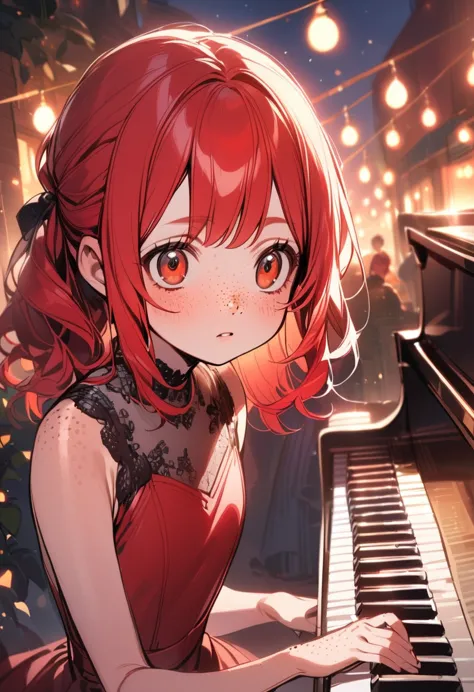 young girl(red hair, freckles, dress, big eyes), playing piano, evening