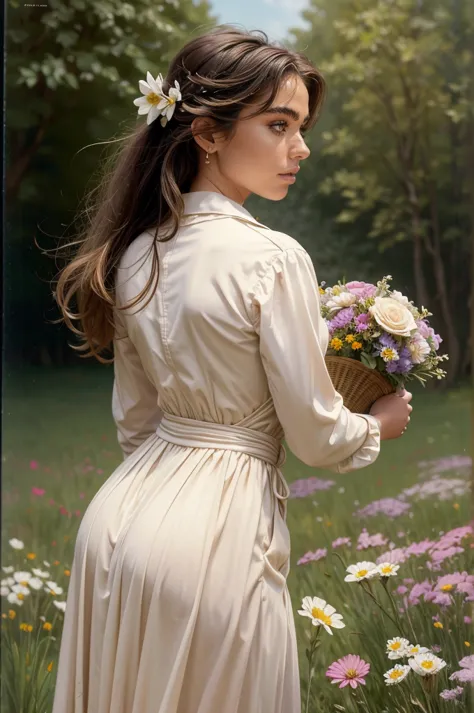 ((Sargent style oil painting))、(highest quality、masterpiece)、soft light、Painting of a woman standing on a hill with flowers in h...